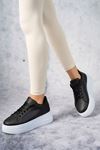 Freemax Kadın Hafif Esnek  5,5 cm Taban Sneaker Bağcıklı Spor Ayakkabı Svv.023 Siyah Beyaz