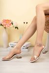 Freemax Kadın Şeffaf Bantlı ve Taşlı Şeffaf Yüksek Klasik 6 cm Topuklu Ayakkabı Brt 3002 Beyaz